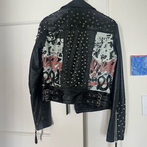Studded Black Leather Jacket with Graffiti Design